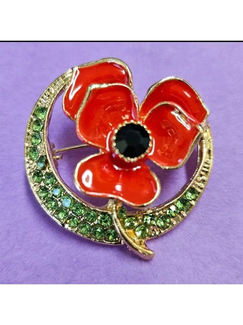 Enamel poppy, green rhinestone pin brooch 1 1/4"